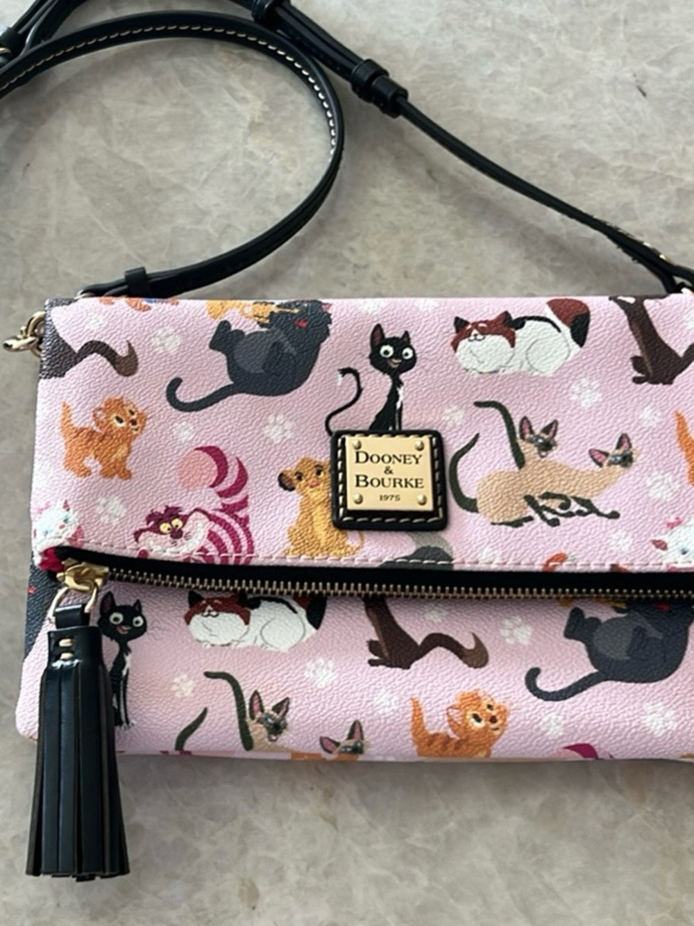 Dooney & Bourke Pink Cat-Print Crossbody Bag with Black Strap